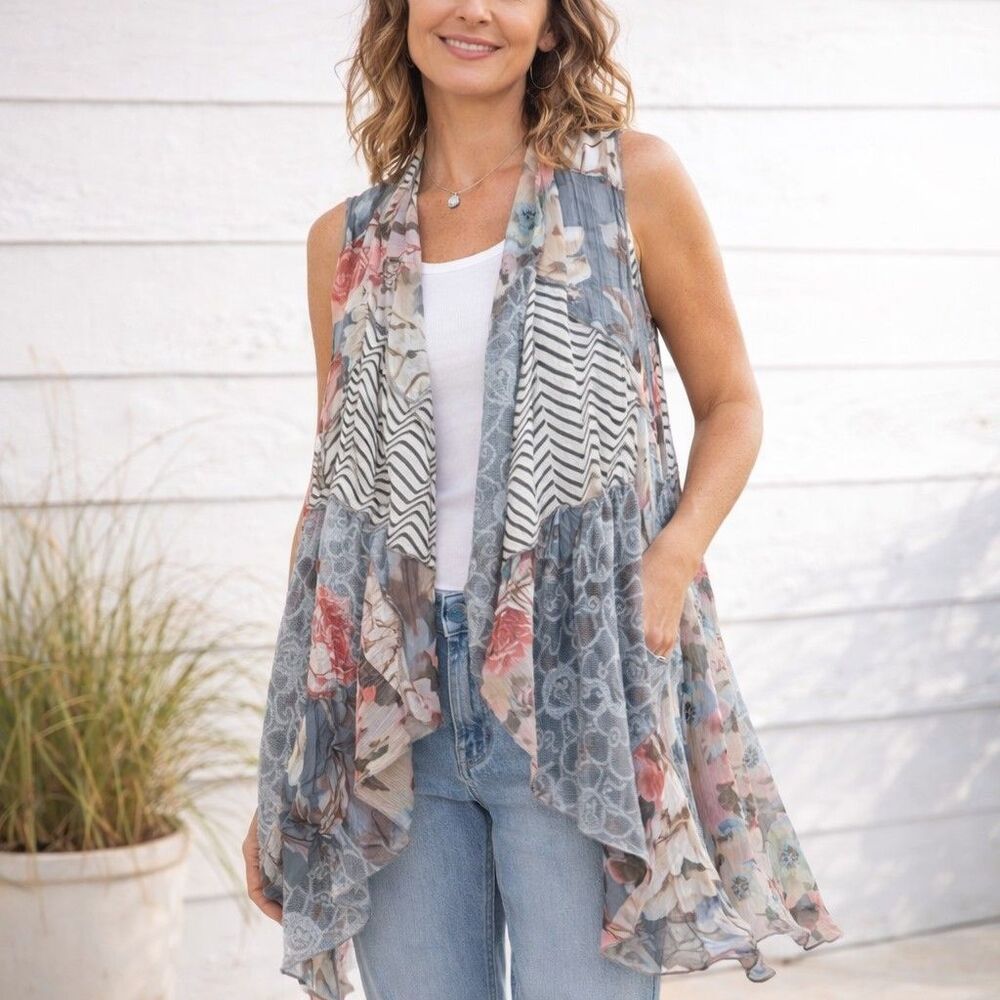 Dor Dor Couture Floral Lace Sleeveless Duster Cardigan